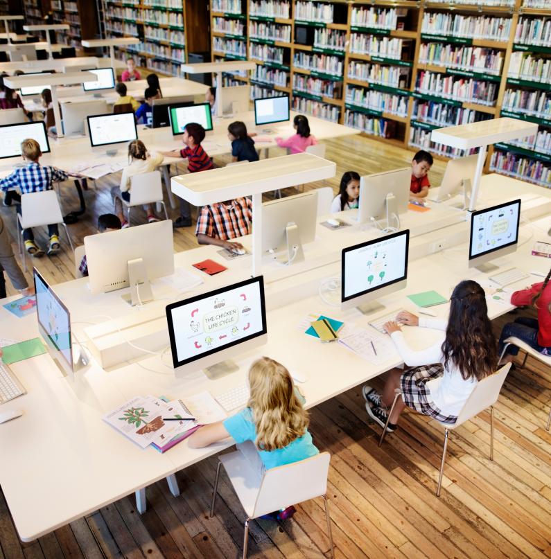 Student raising hand in classroom