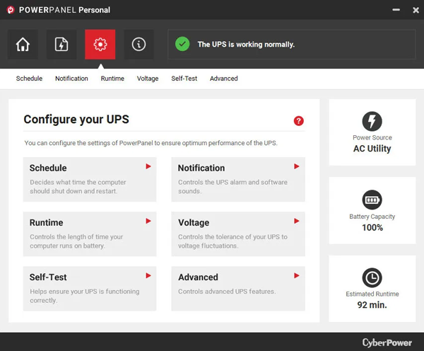 PowerPanel Personal software UPS configuration screen